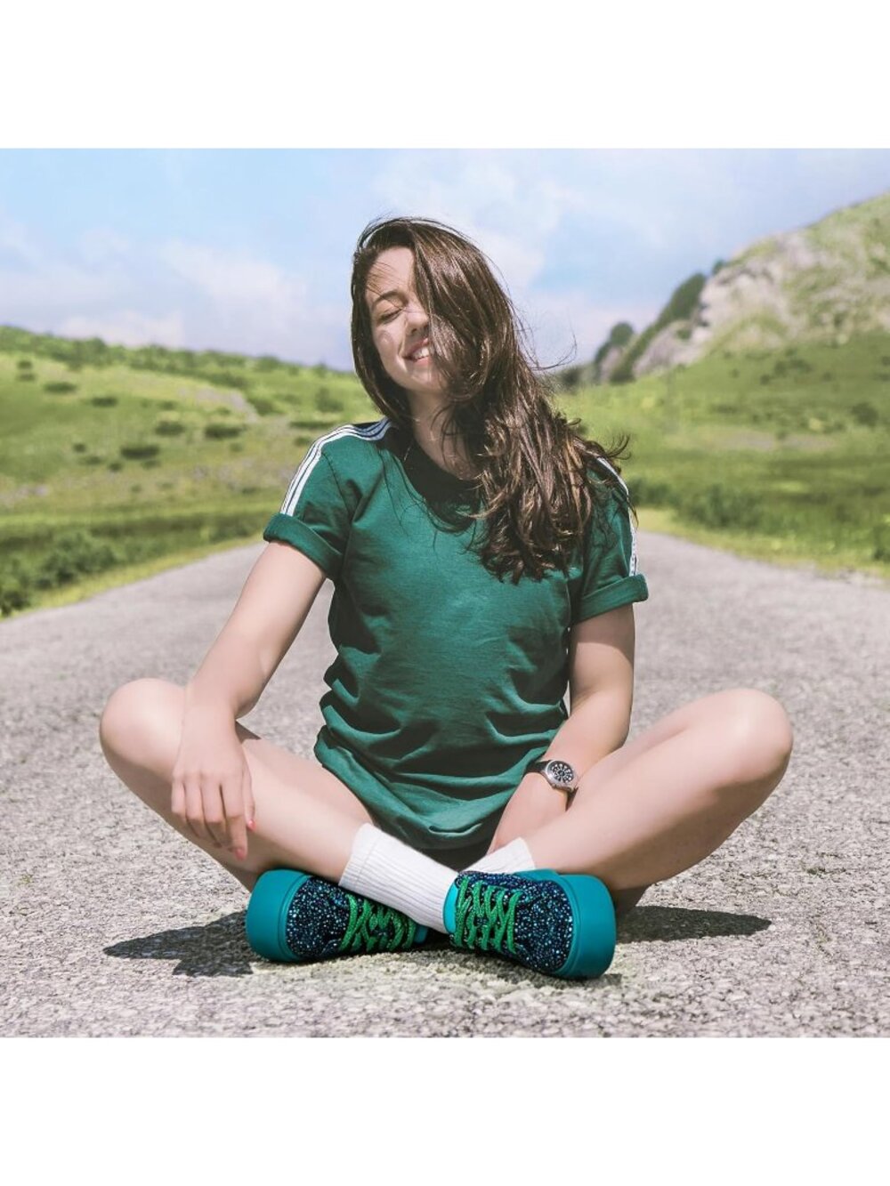 Women's Green Glitter Shiny Sequin Sparkly Bling Thick Sole Walking Sneakers - Picture 2 of 6